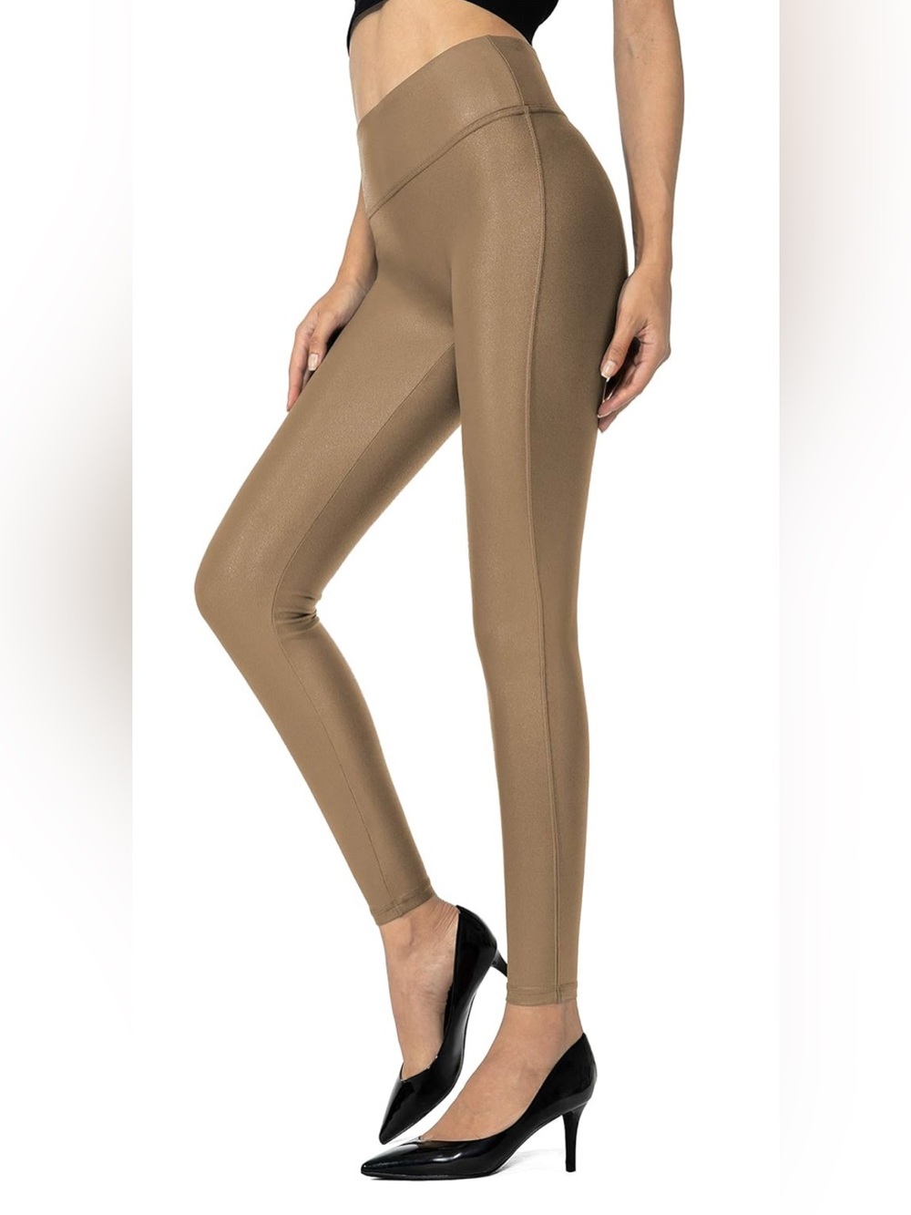 Tan Faux Leather Leggings High Waist Coated Skinny Pants XS